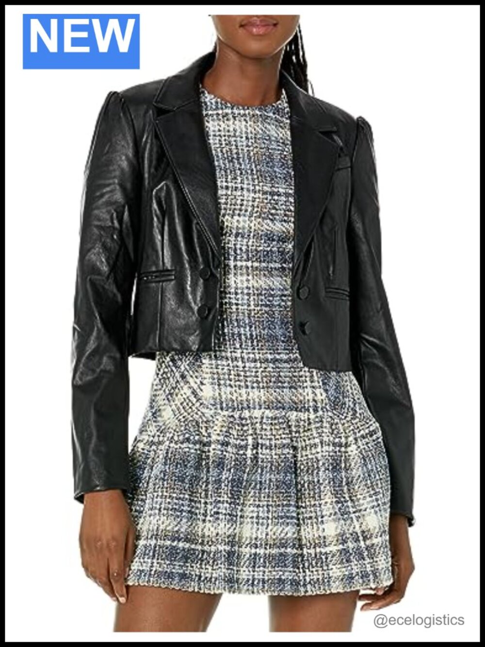 Faux Leather Cropped Blazer Notch Collar Button Front Work